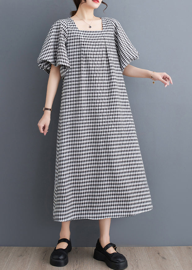Gingham Square Neck Flutter Sleeve A-Line Shift Midi Dress