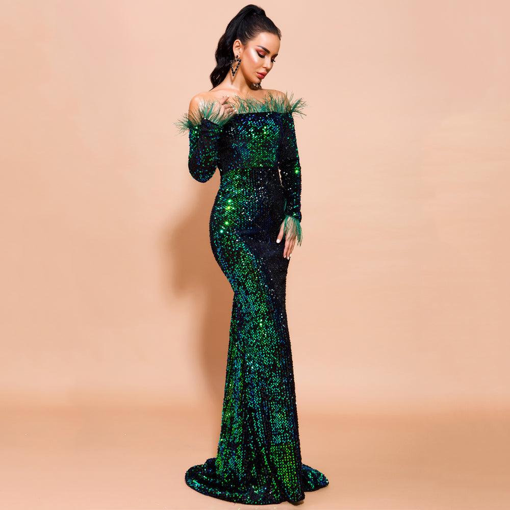 Emerald Green Feathered Mermaid Sequins Dress - Fashionpara