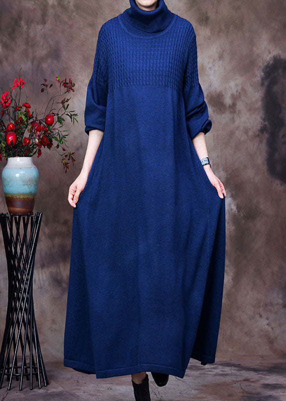 Knit Turtleneck Long Sleeve Ribbed Panel Oversized A-Line Maxi Dress
