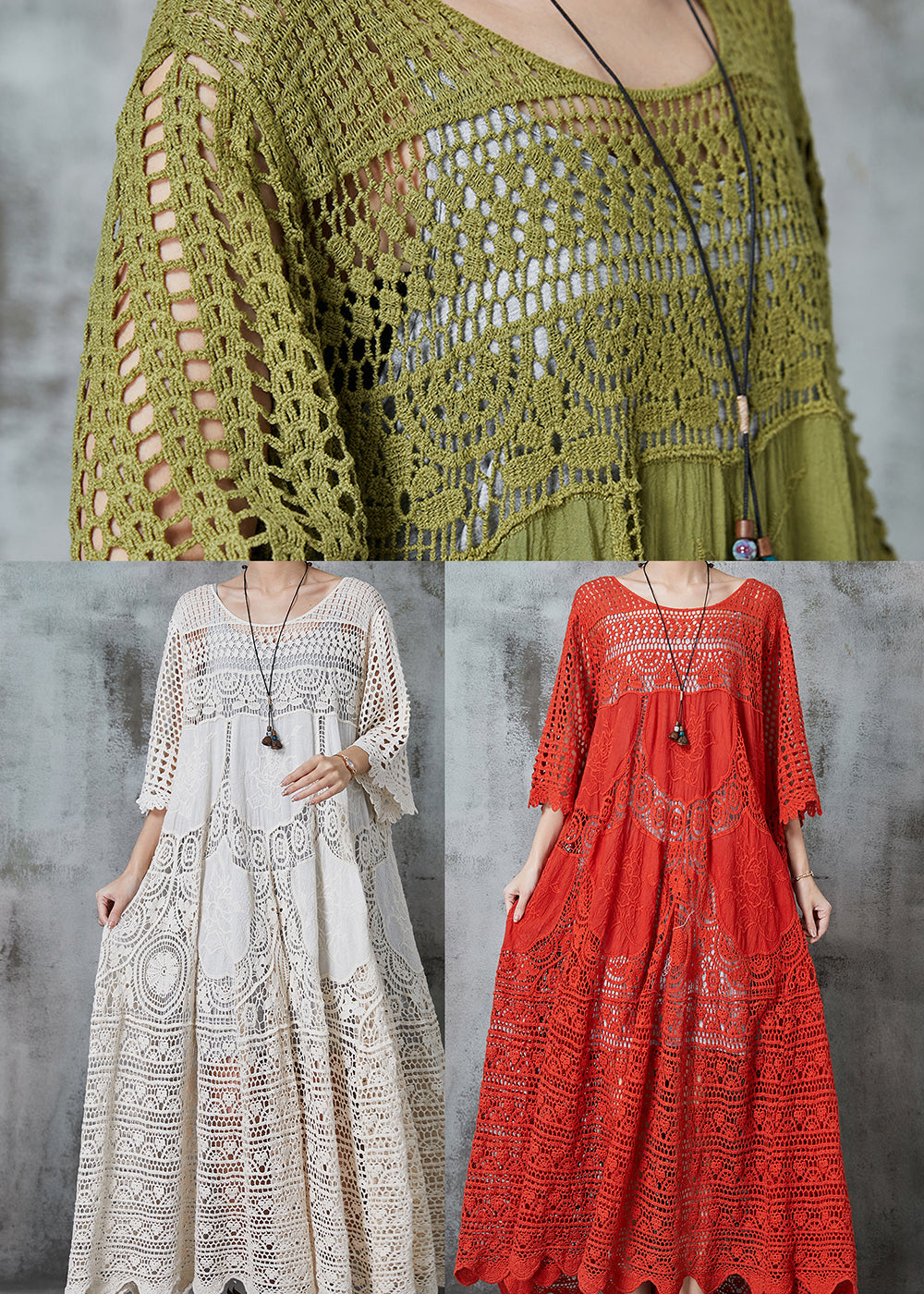 Crochet Lace Embroidered Floral Three Quarter Maxi Dress - View 5