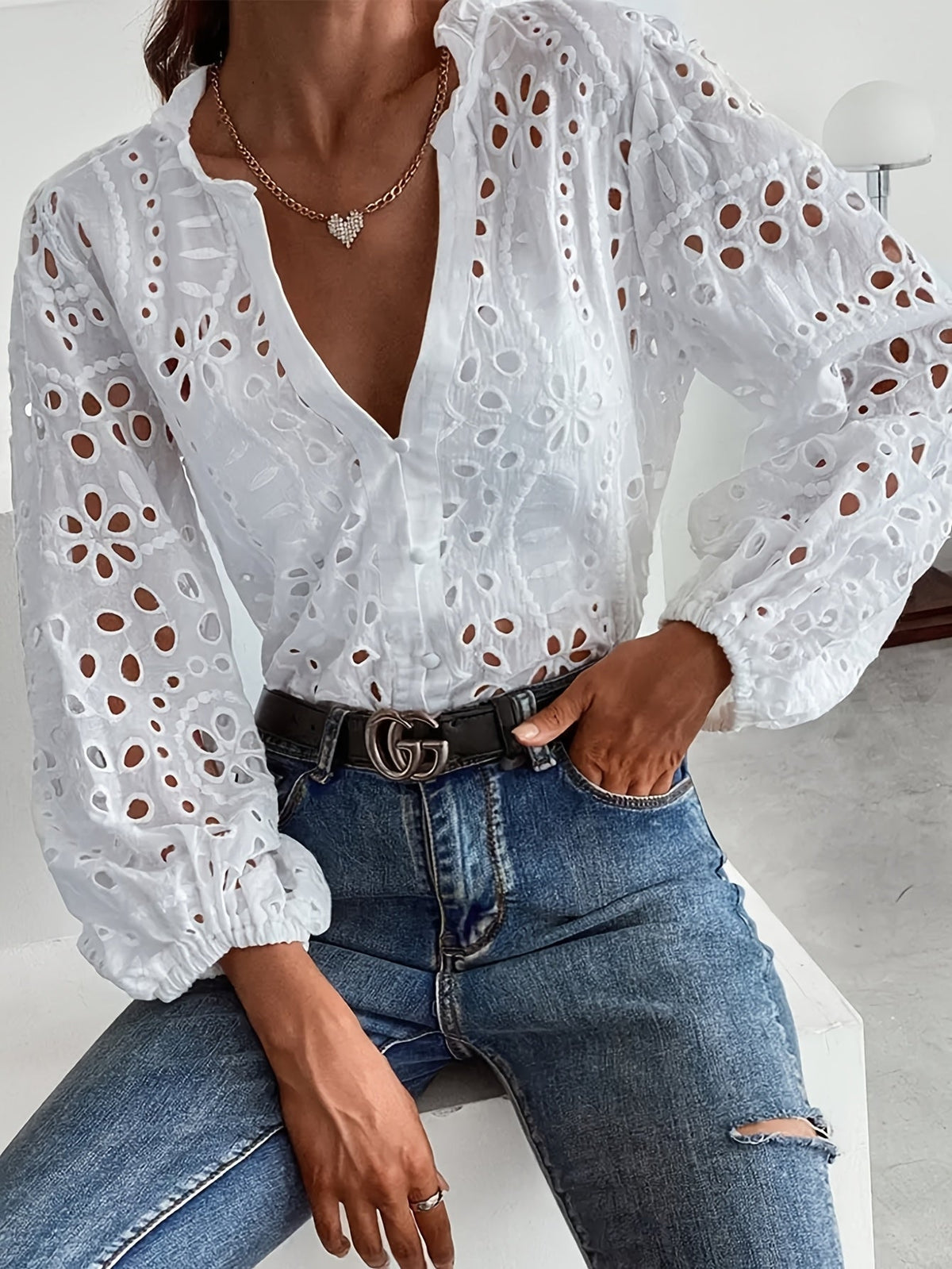 Eyelet Broderie V-Neck Long Sleeve Button Blouse