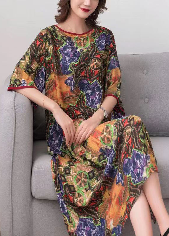 Mixed Print Crew Neck Kimono Sleeve Contrast Trim Shift Midi Dress