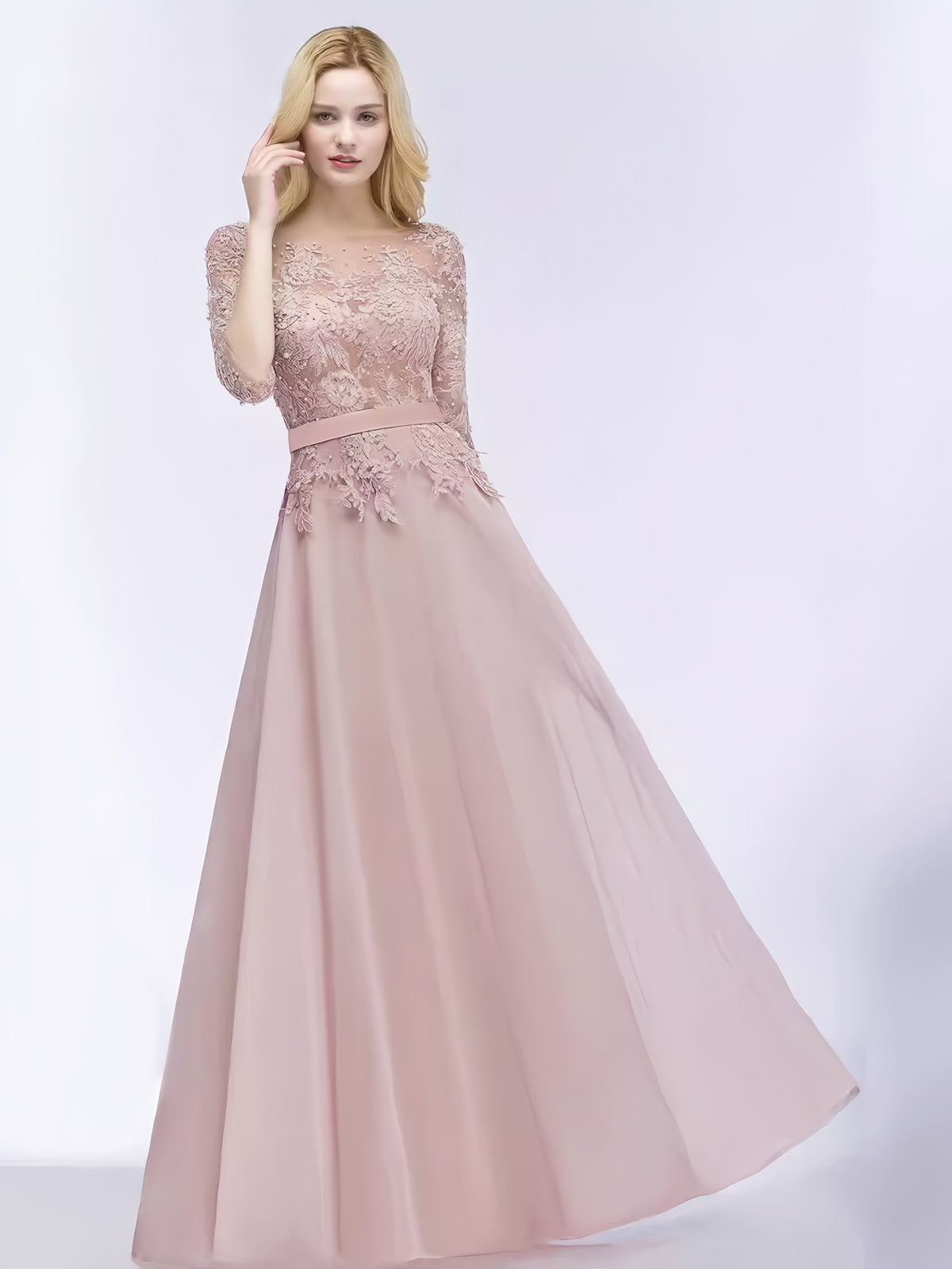 Illusion Lace Floral Appliqué A-Line Maxi Evening Gown