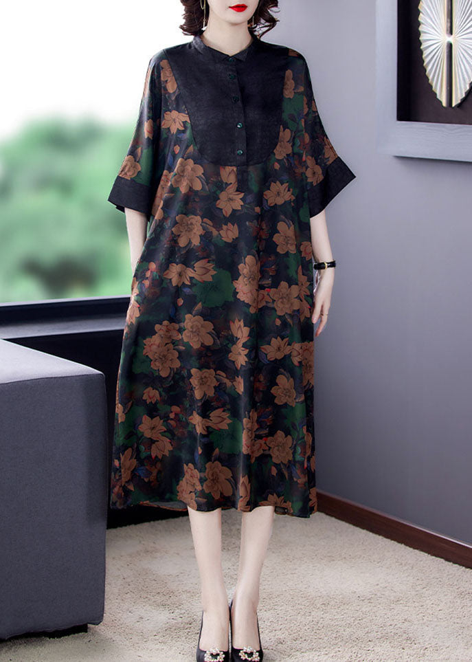 Floral Print Contrast Yoke Button Collar Wide A-Line Midi Dress - View 2
