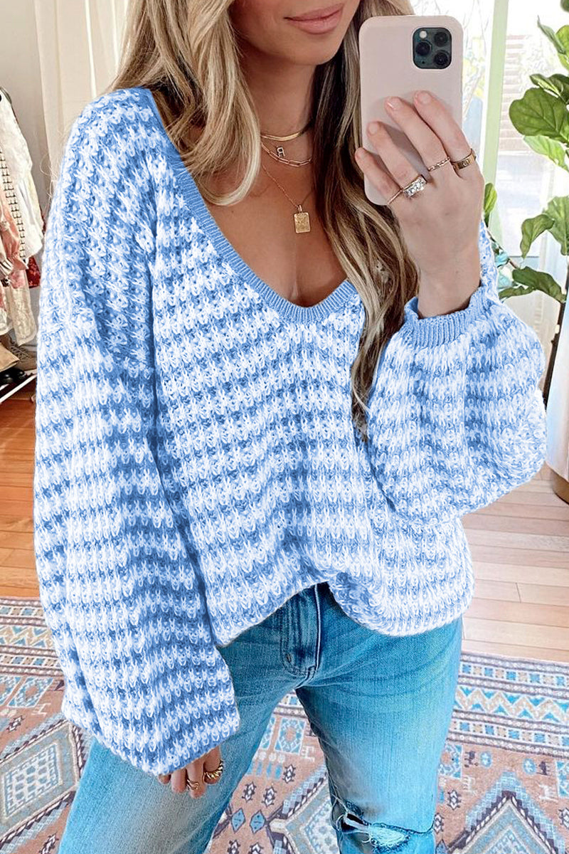 Oversized Stripe V Neck Puff Sleeve Sweater  Fashionpara