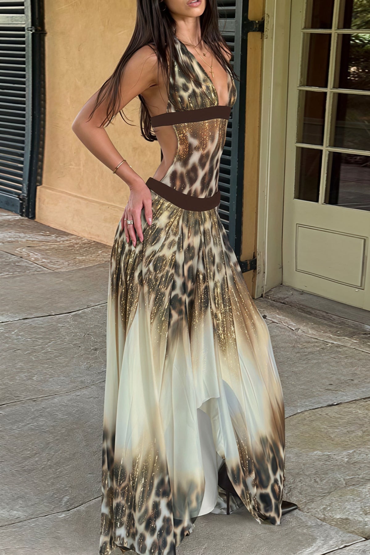 Leopard Print Halter Deep V Cut Out Maxi Gown