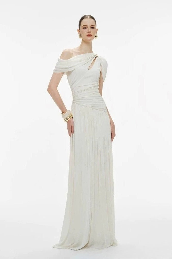One Shoulder Cut Out Ruched Draped Maxi Prom Gown - View 3