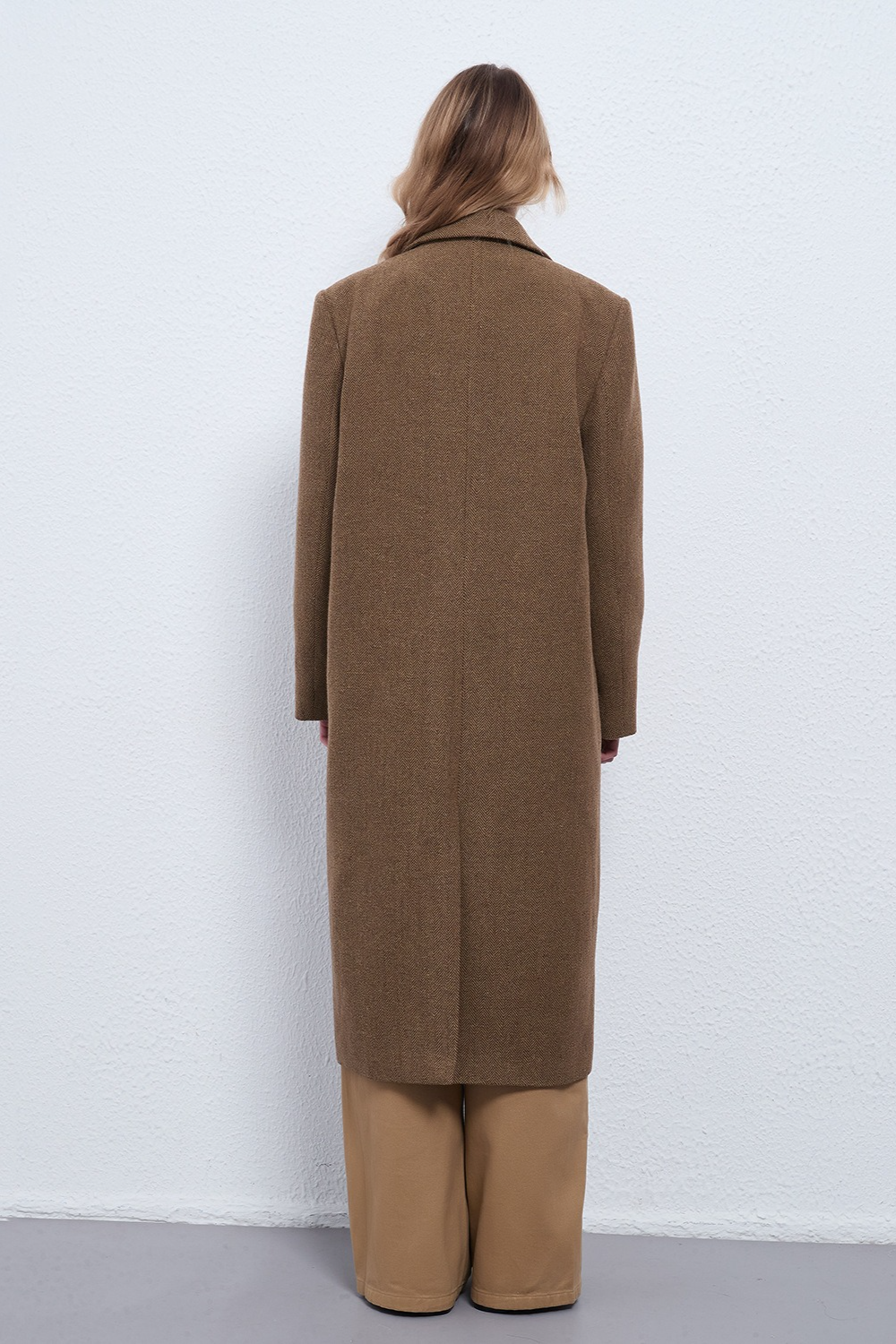 Wool Cashmere Herringbone Mid Long Thick Overcoat - Fashionpara