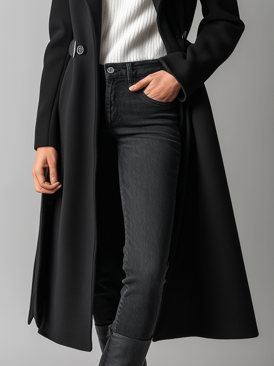 Elegant Black Wool Blend Faux Fur Collar Long Coat