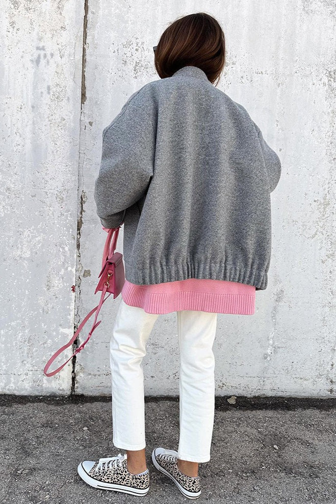 Gray Stand Collar Cocoon Sleeve Coat