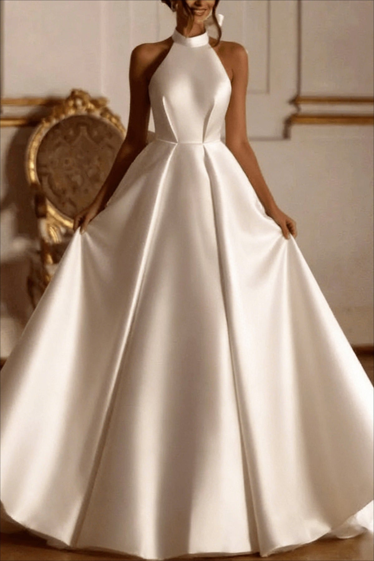 Halter Neck Oversized Bow Back Satin Ball Gown 3