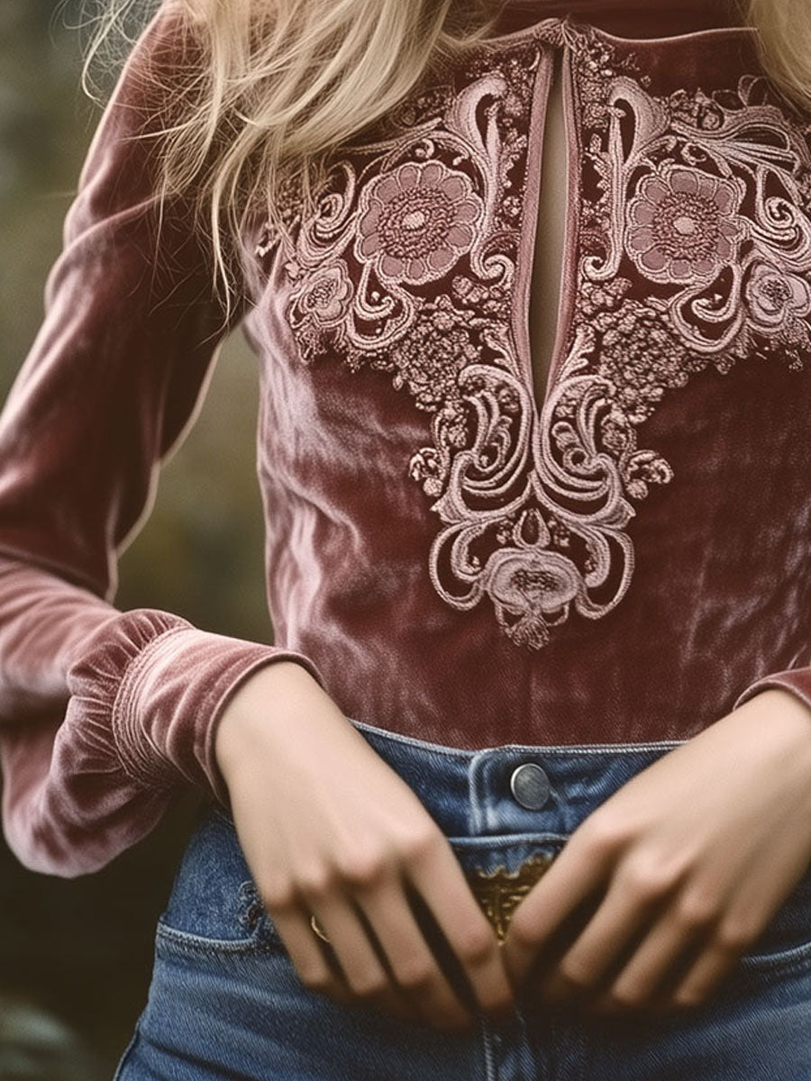 Vintage Cuffs Rose Velvet Embroidered Keyhole Blouse - Fashionpara