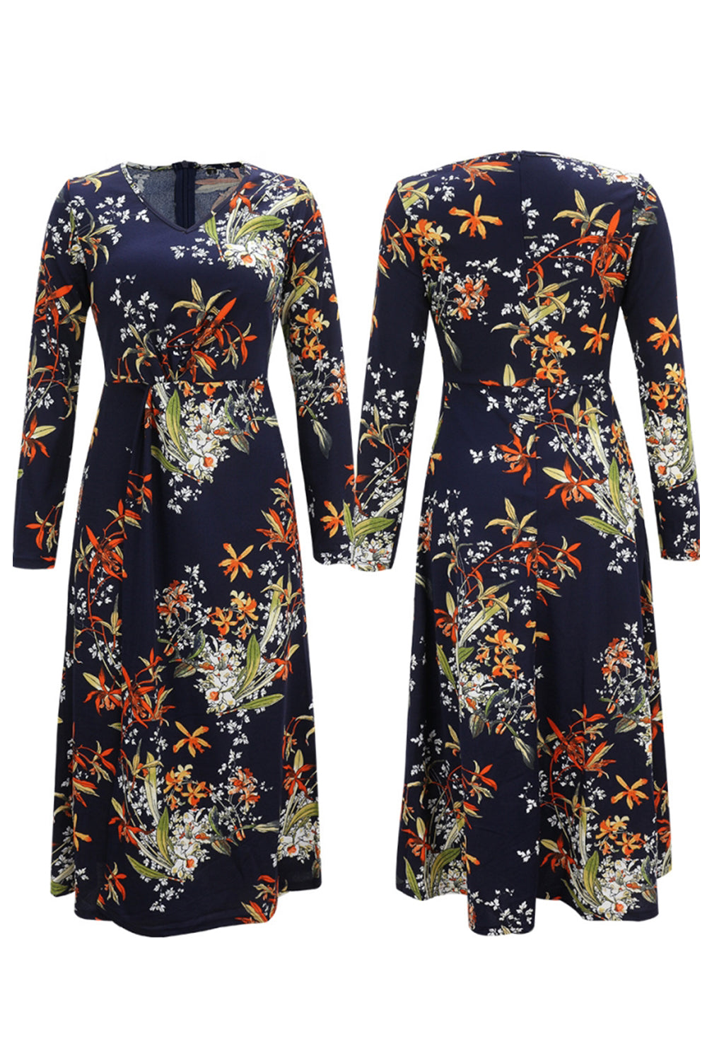 V-neck Printed Waist Slit Long Sleeve Dress - Fashionpara