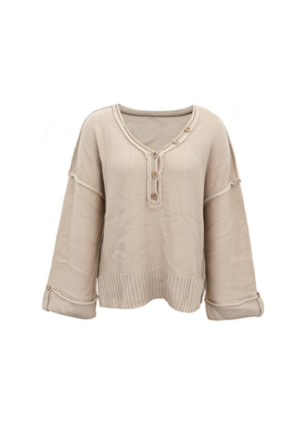 RadyRin Stylish Reverse Button V-Neck Sweater for Chic Comfort