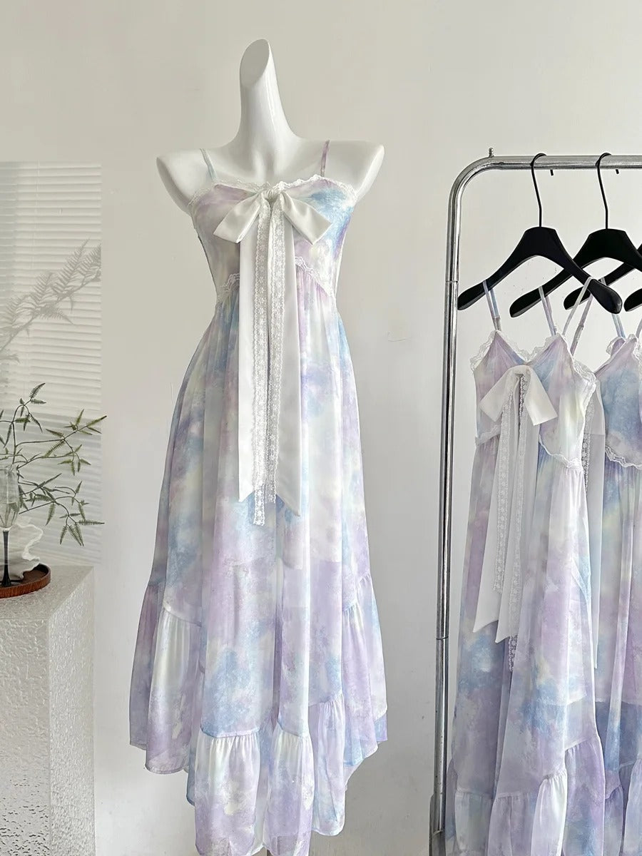 Sweet Purple And Blue Gradient A-line Suspender Bow Chiffon Long Prom Dress Evening Dress P4007