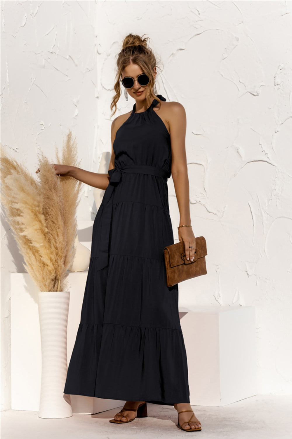 Halter Patchwork Long Dress - Fashionpara