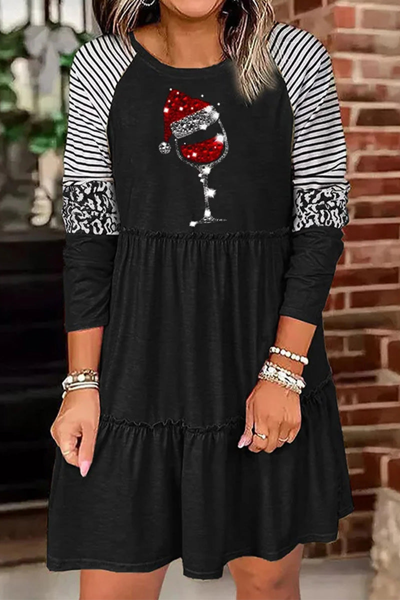 Christmas Wine Glass Print Long Sleeve Dress  Fashionpara