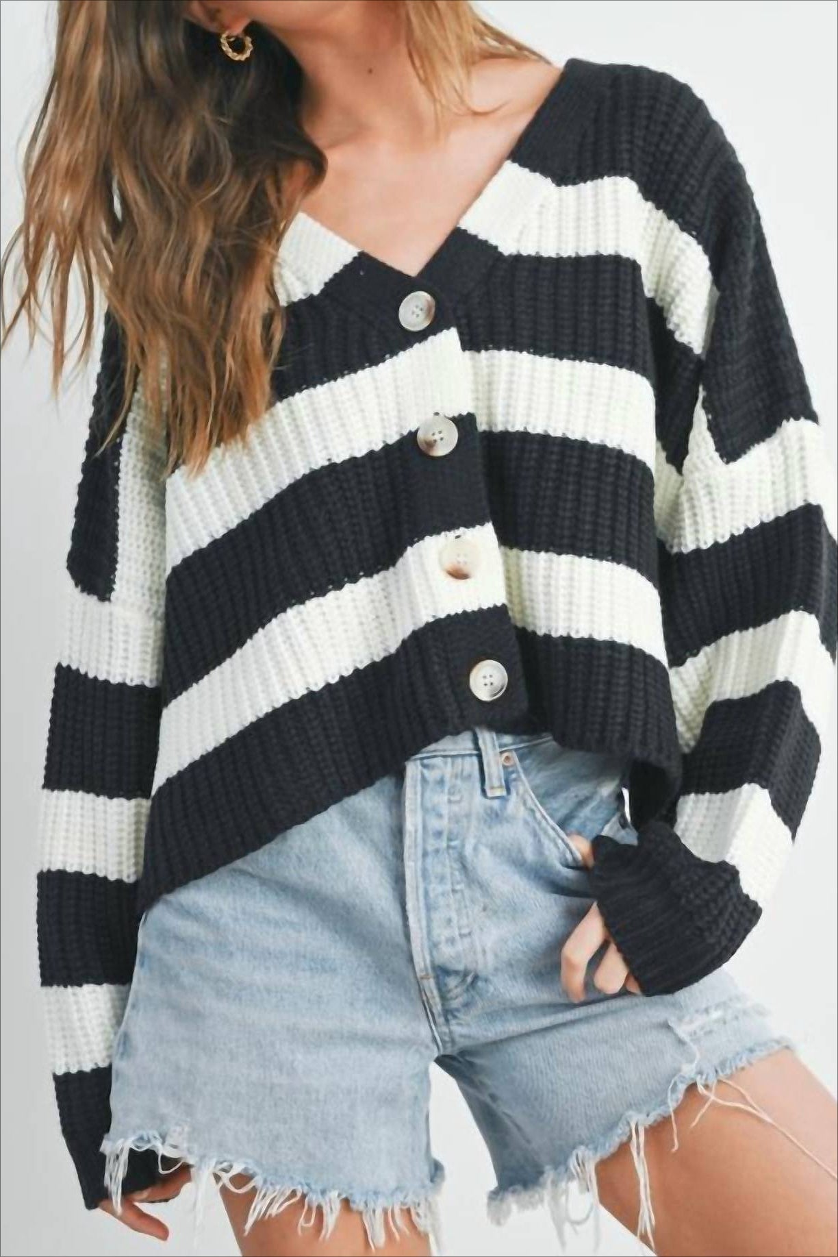 Elegant Long Sleeve V Neck Knit Cardigan with Stripes