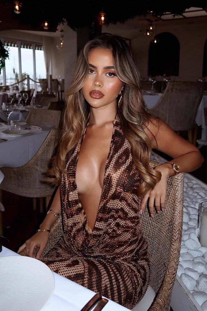 Sequin Halter Plunge Backless Maxi Gown 3