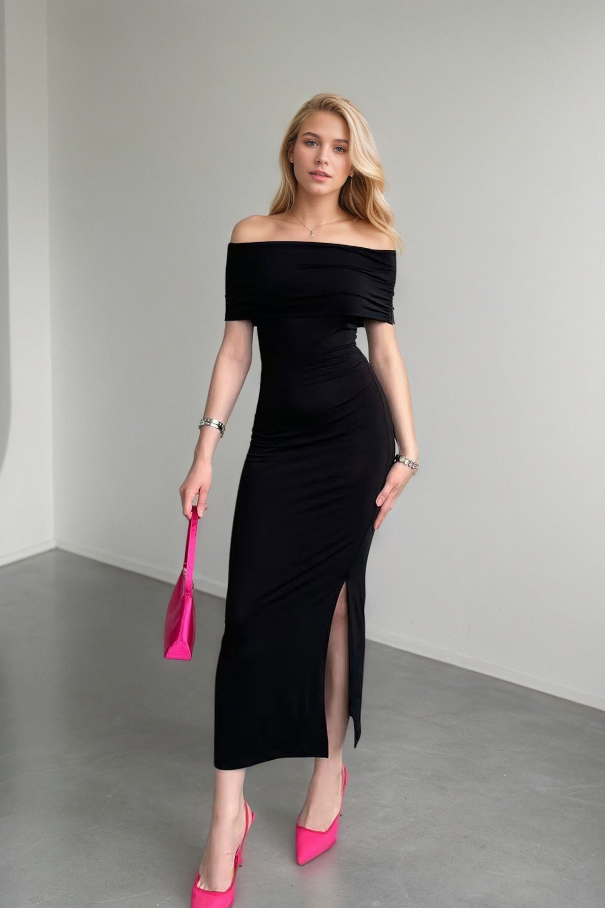 Off Shoulder Short Sleeve Ruched High Split Midi Dress