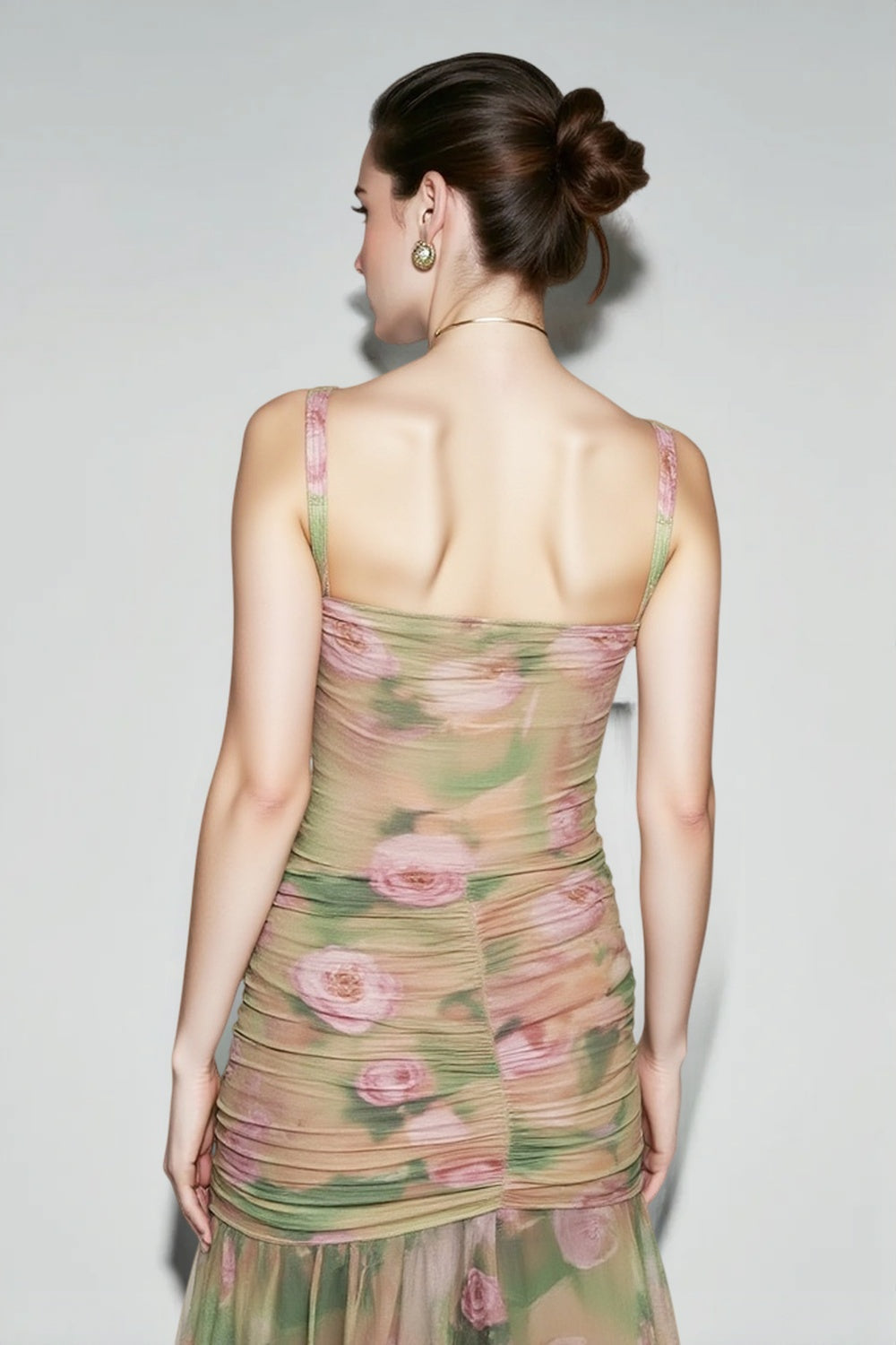 Floral Mesh Corset Ruched High Split Maxi Dress 3