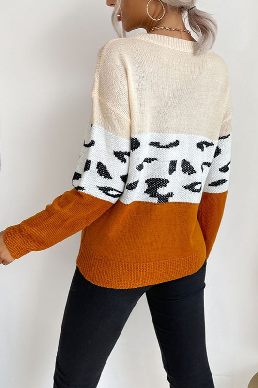 Contrast Leopard Pattern Knit Sweater for Stylish Comfort