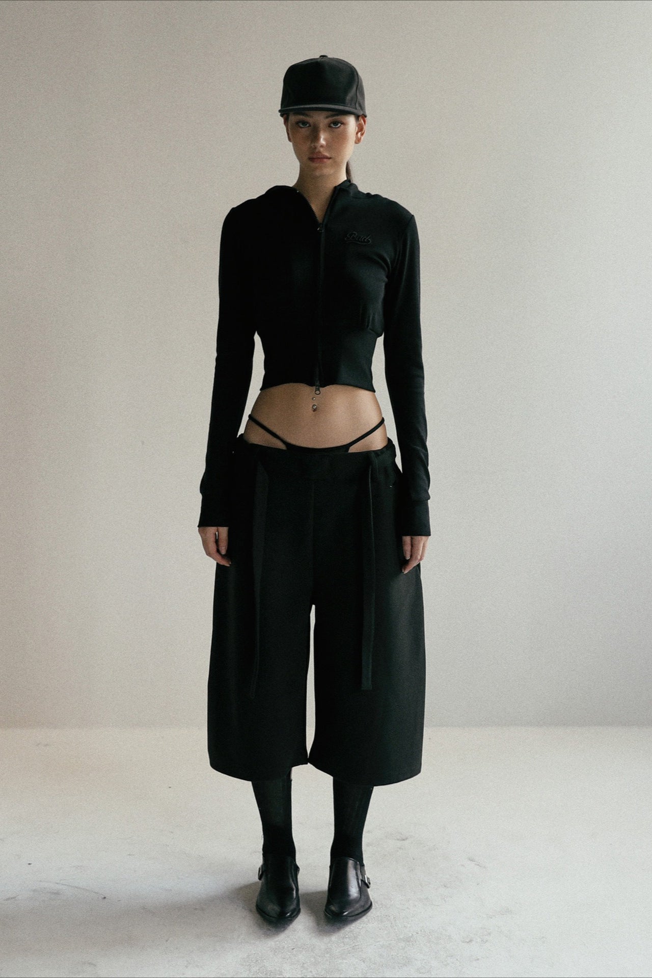 Zipper Cropped Embroidered Hoodie