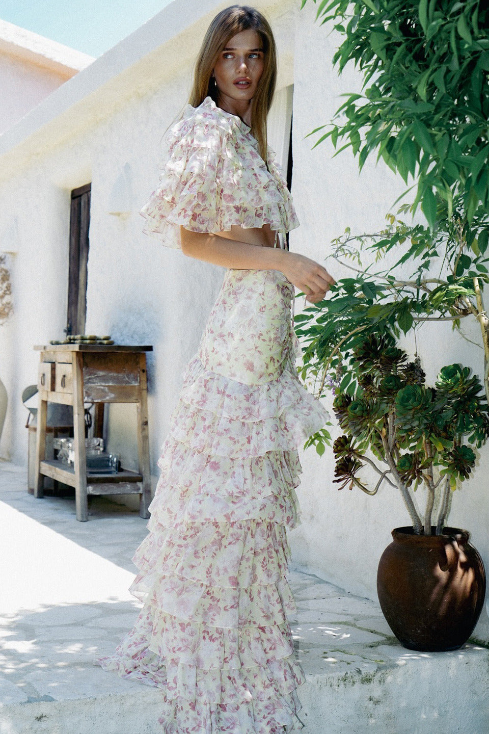 Ruffled Tiered Split Cake Skirt Two Piece Set