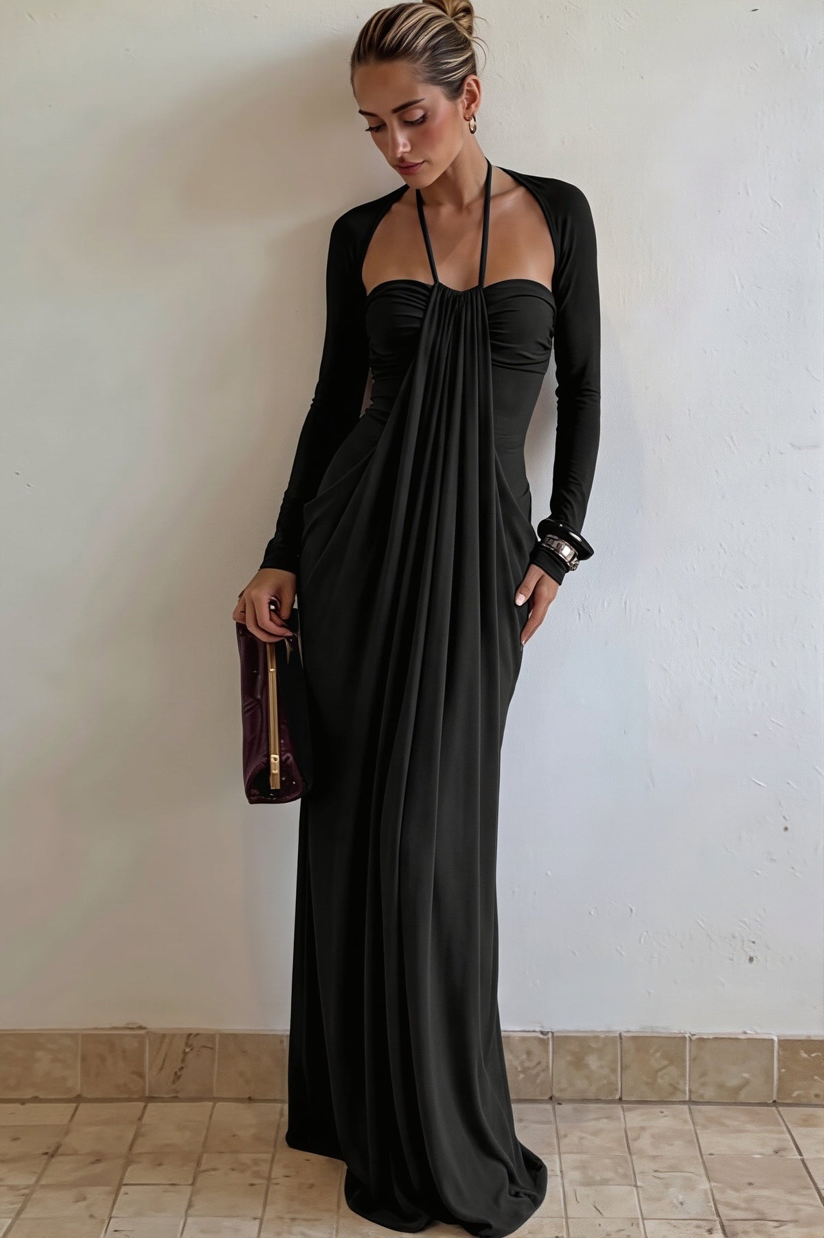 Long Sleeve Halter Neck Ruched Draped Maxi Dress 3
