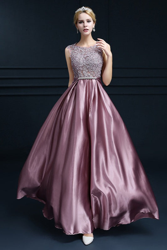 Lace Scoop Neck Sleeveless Satin A-Line Prom Dress
