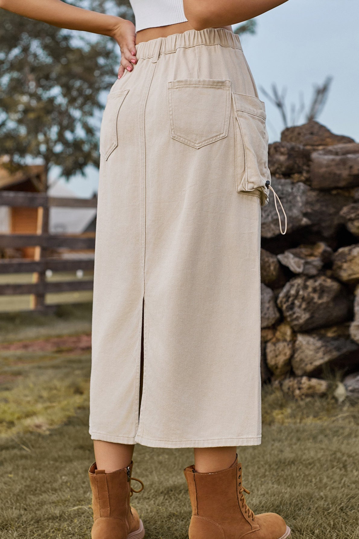 Vintage High-Waist Denim Cargo Midi Skirt