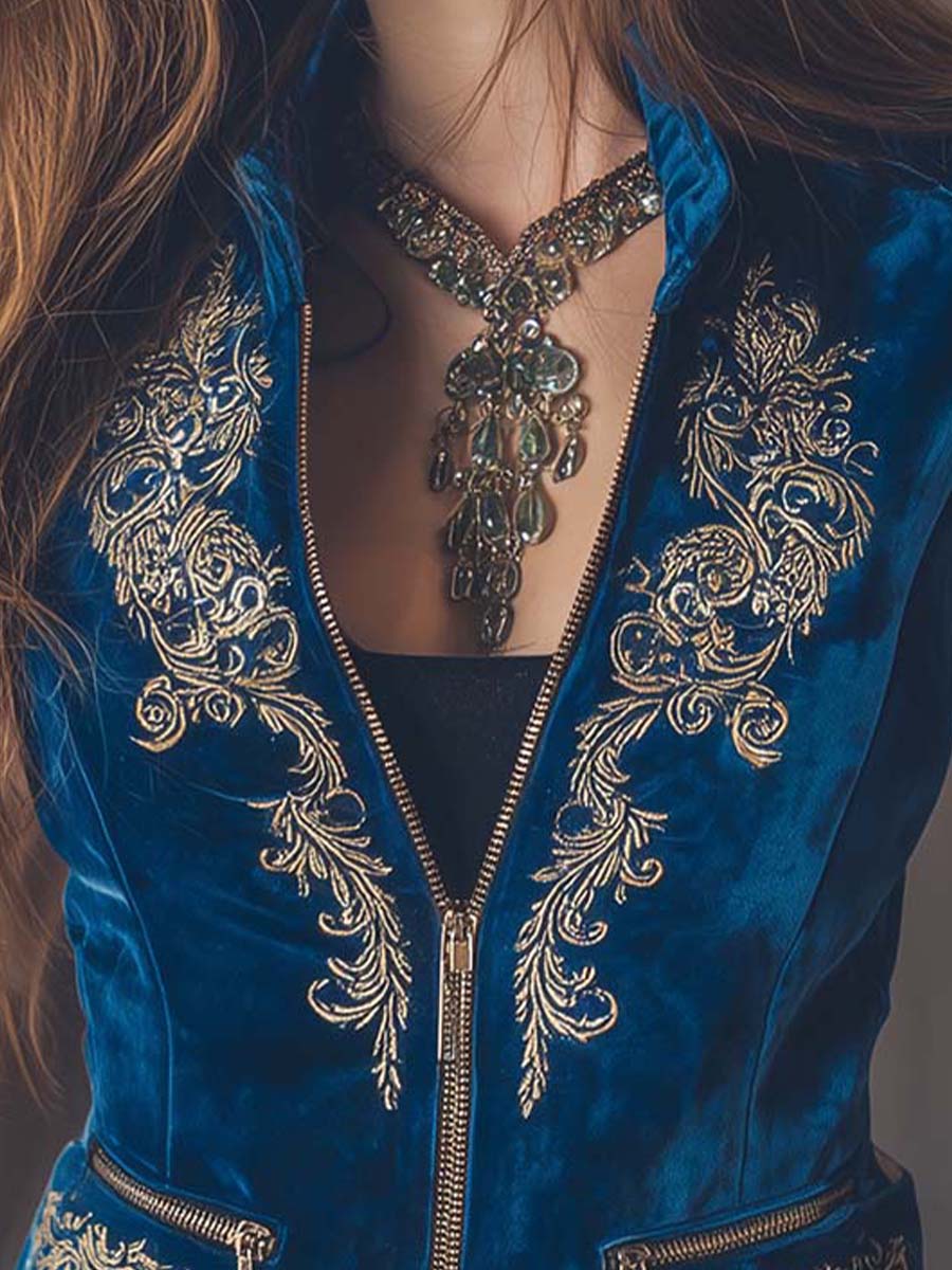 Zippered Boho Royal Blue Embroidered Velvet Vest - Fashionpara