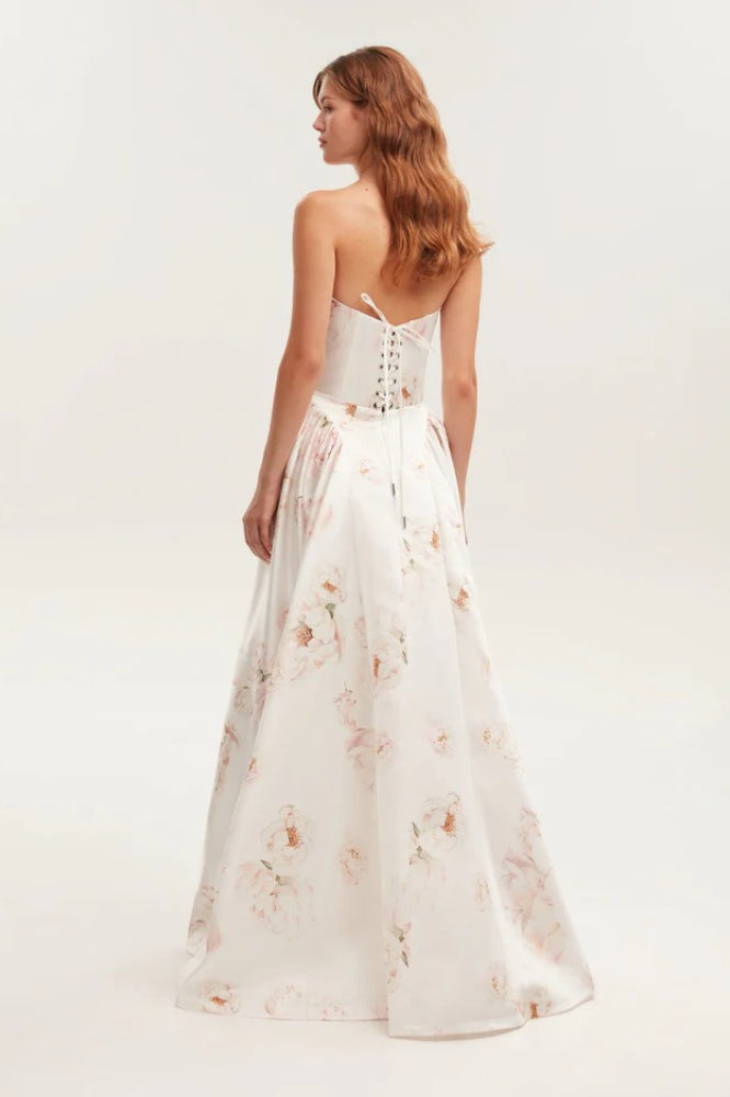 Floral Print Strapless Pleated A-Line Ball Gown