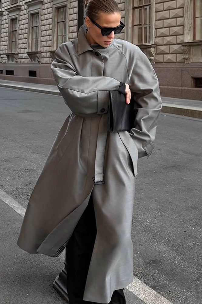 Elegant Solid Color Belted Long Overcoat for Chic Style