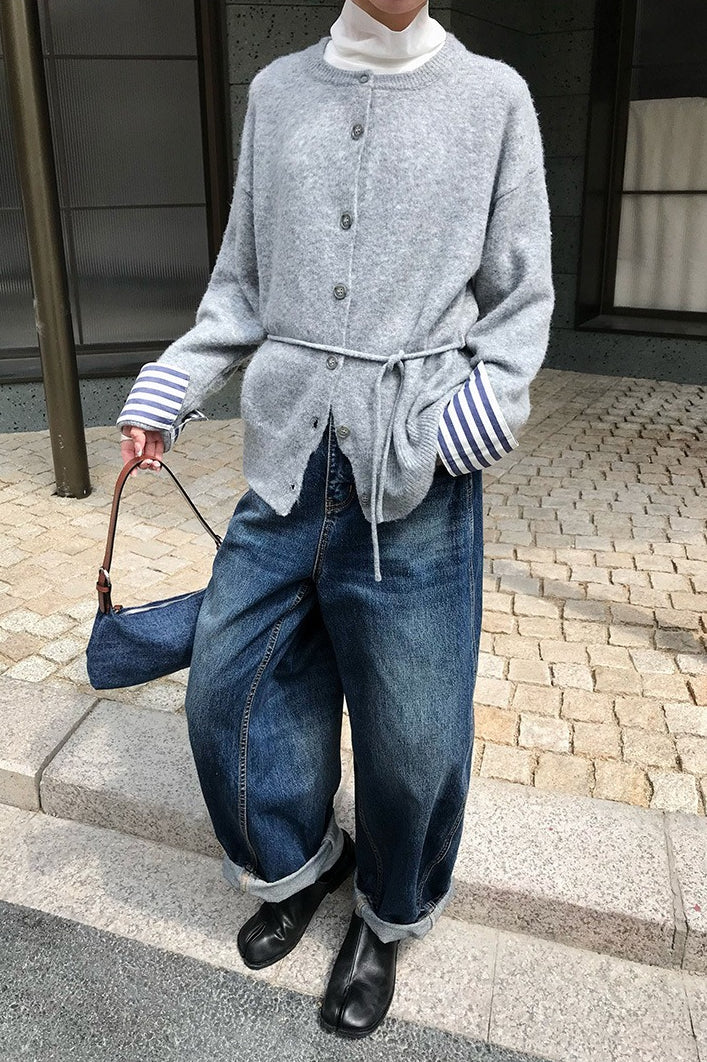 Color-Block Belted Knit Cardigan for Effortless Style