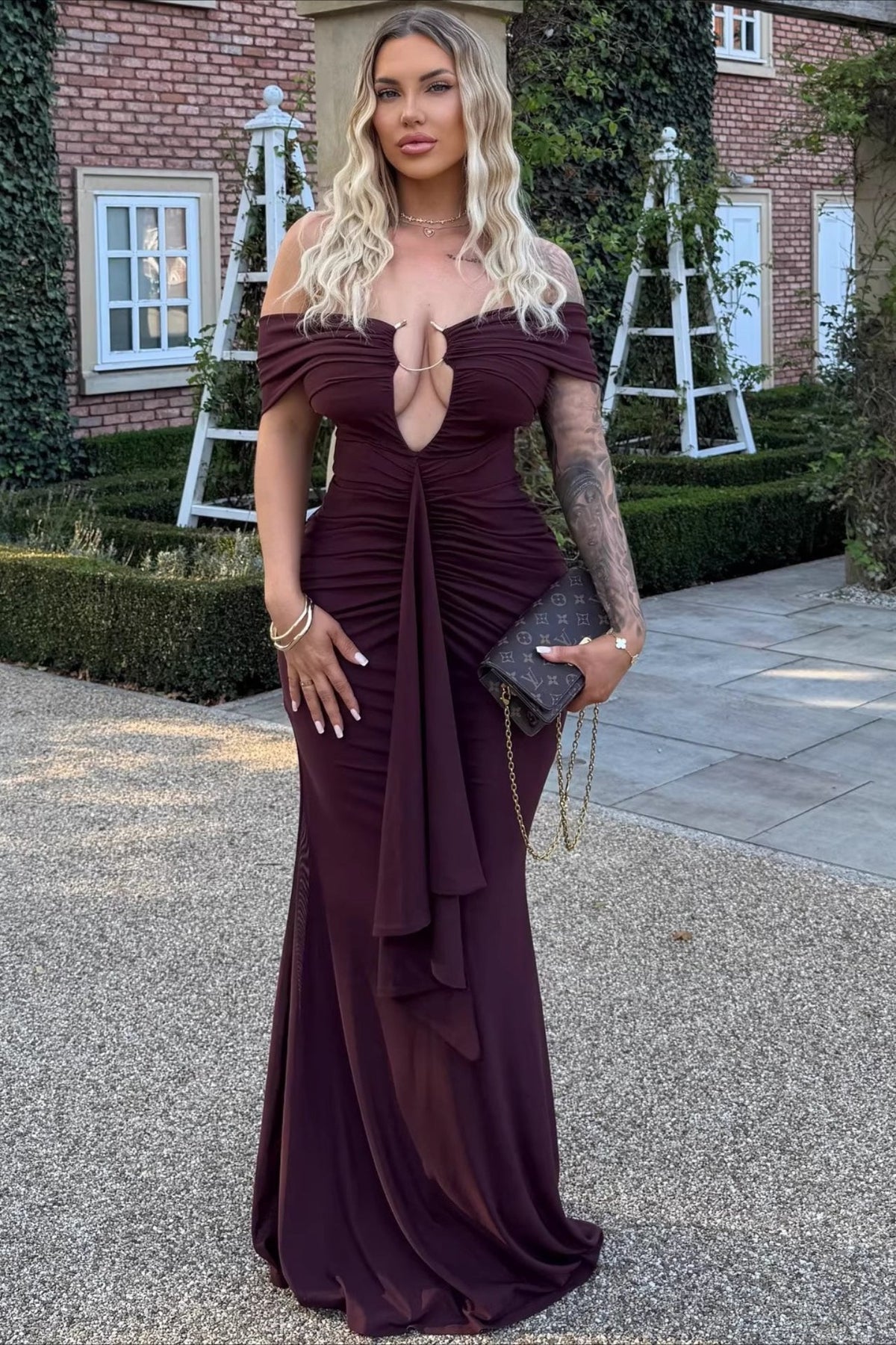 Off Shoulder Deep V-Neck Ruched Draped Mermaid Maxi Formal Dress