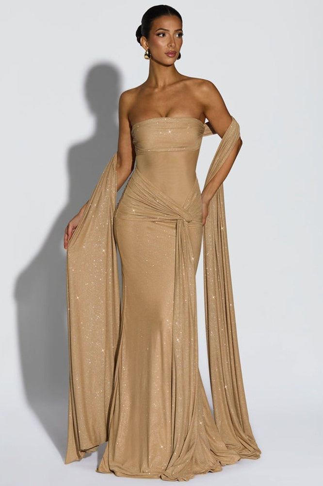 Glitter Off Shoulder Draped Twist Mermaid Gown