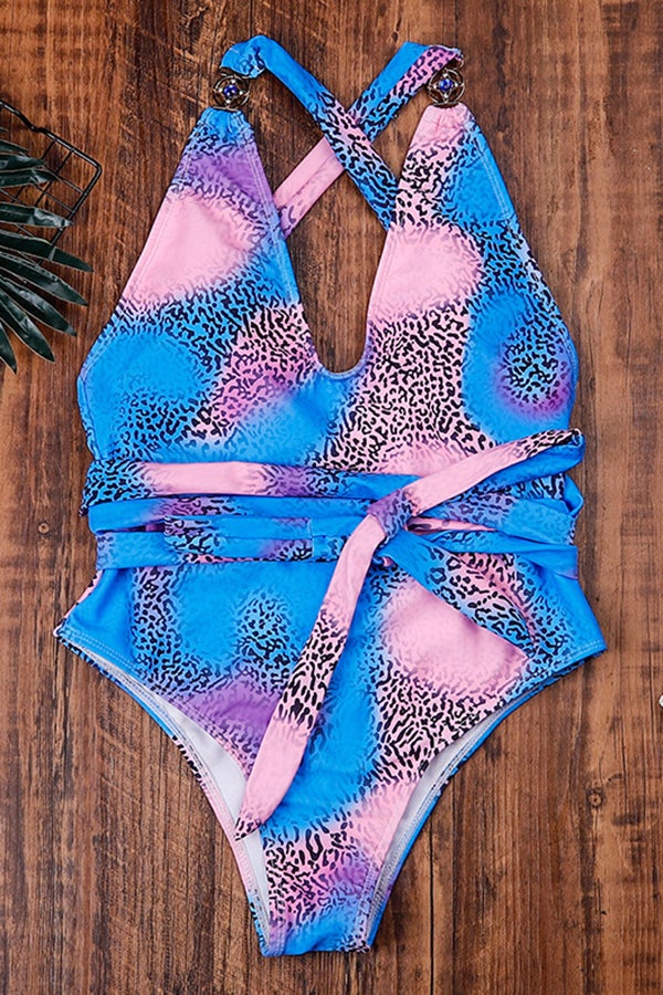 Round Neck Ethnic Print Open Back One-piece Swimsuit - Fashionpara