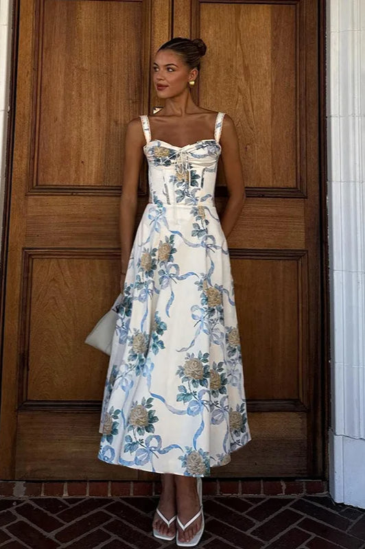 Spaghetti Strap Print Pleated Floral Dress