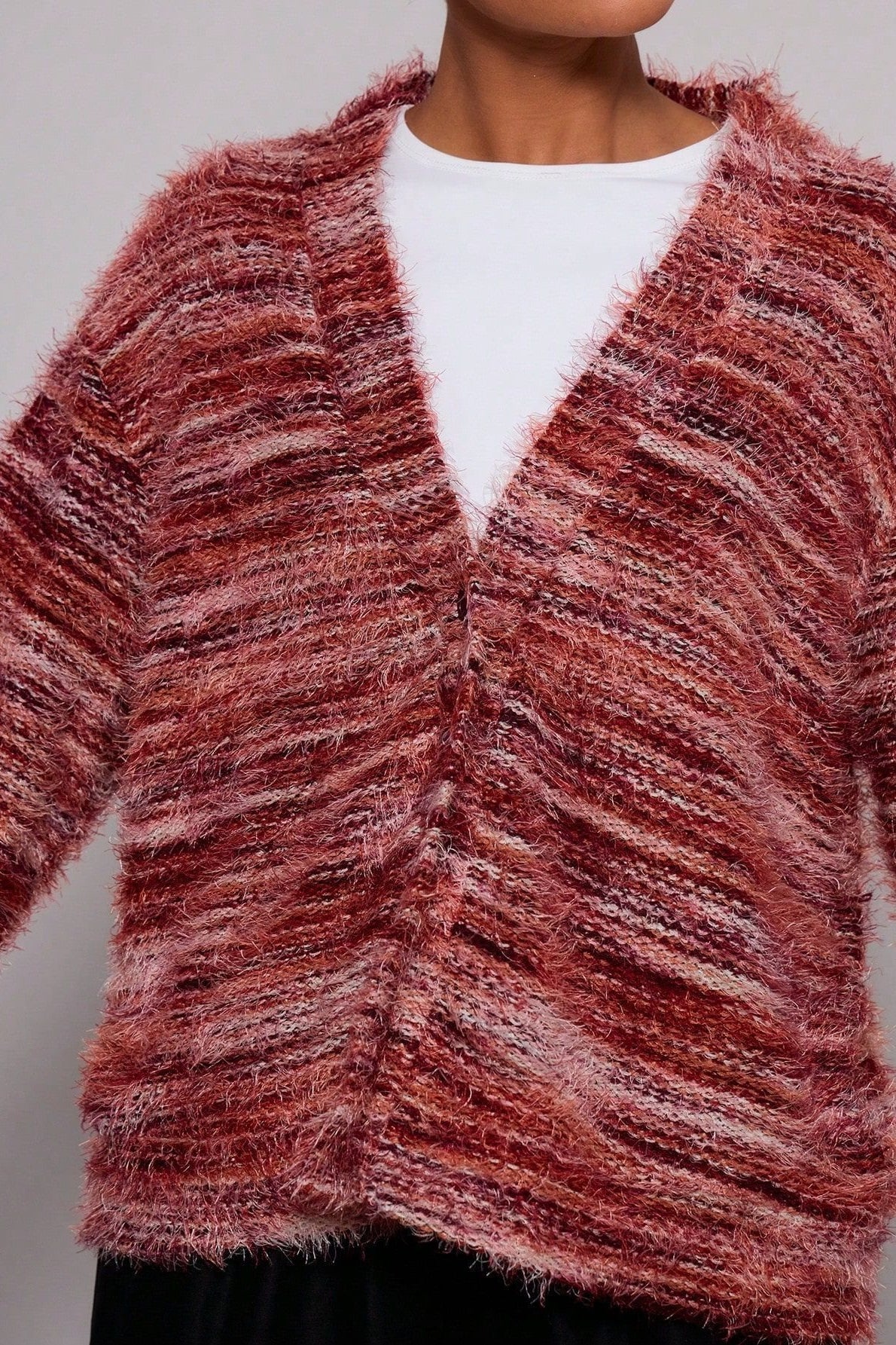 Deep V-Neck Plush Knit Cardigan for Retro Fashion Lovers