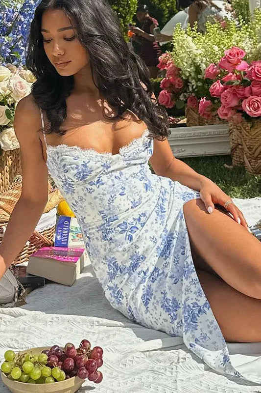 Floral Print Lace-Trim Sweetheart Spaghetti Strap Dress