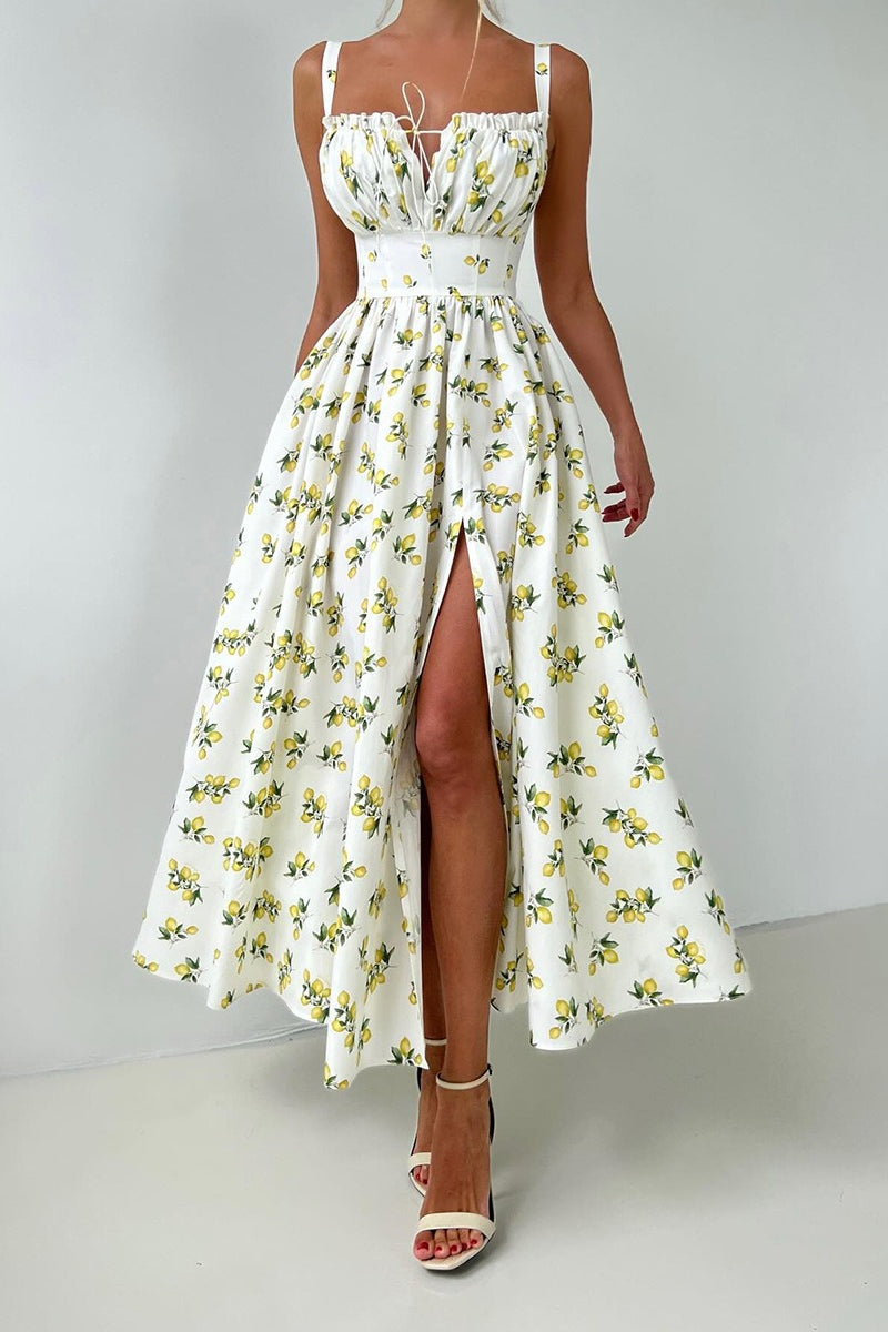 Lemon Print Off Shoulder Corset High Split Maxi Dress 4