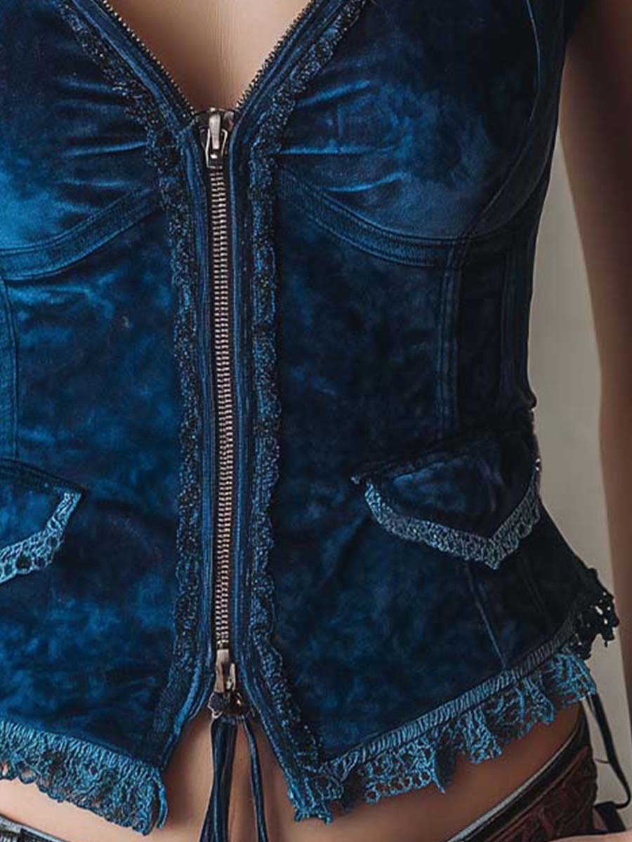 Royal Blue Zipper Bohemian Velvet Lace Corset Tank - Fashionpara
