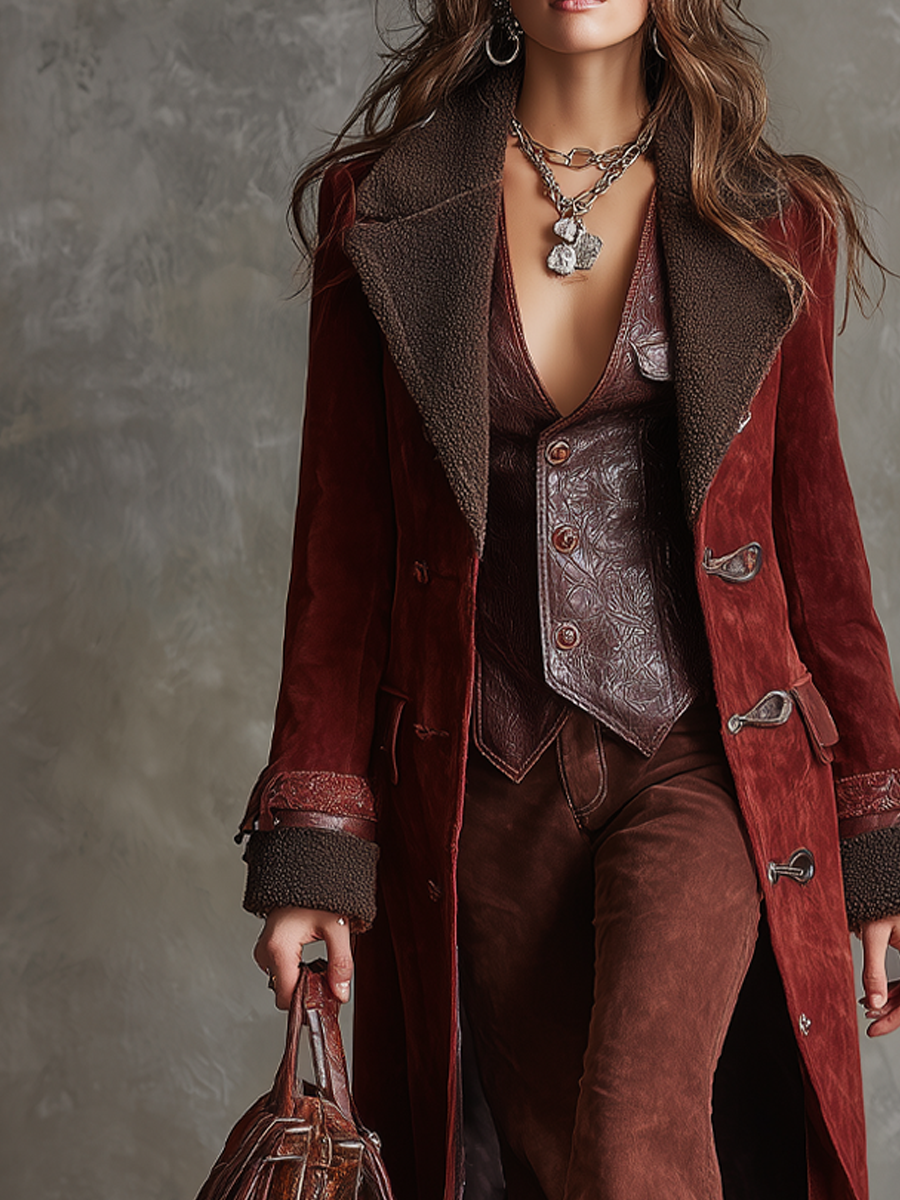 Vintage Polyester Suede Shearling Lapel And Inner Lining Coat