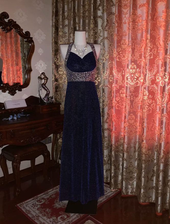 Pretty Halter Navy Blue Sequin Beaded Mermaid Long Evening Dress Birthday Party Dress D1723