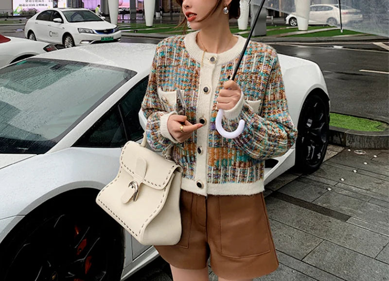 Round Neck Color Matching Knit Autumn Cardigan