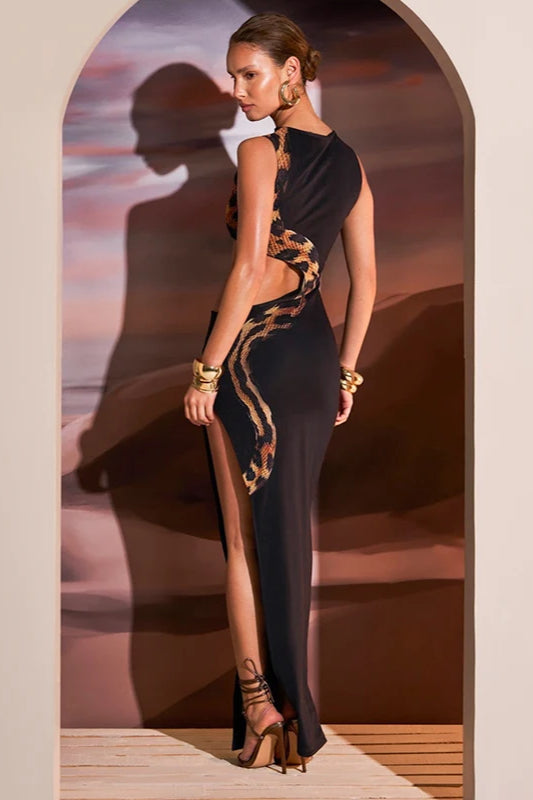 Snake Print High Neck Cutout Side Slit Maxi Gown