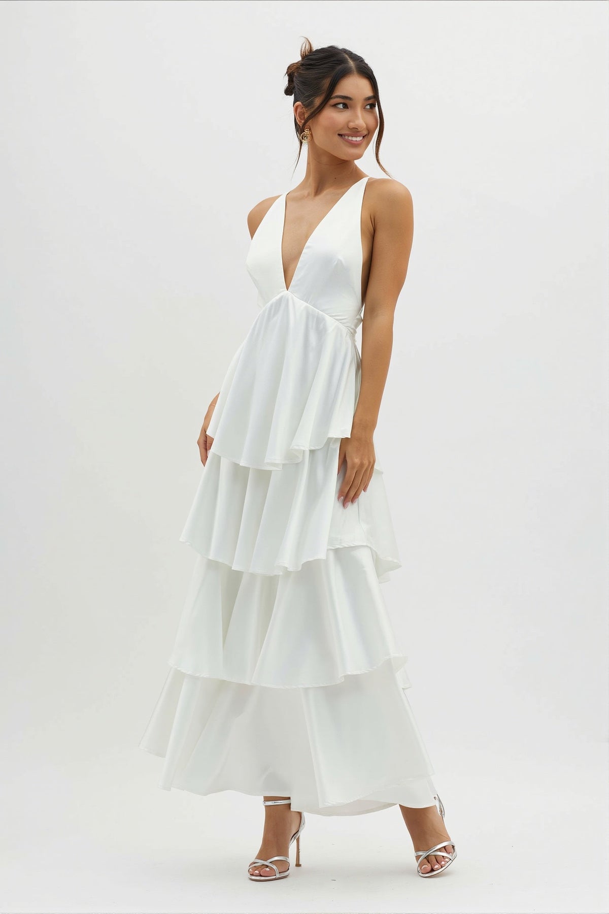 Satin Plunge V-Neck Tiered Ruffle Maxi Formal Dress