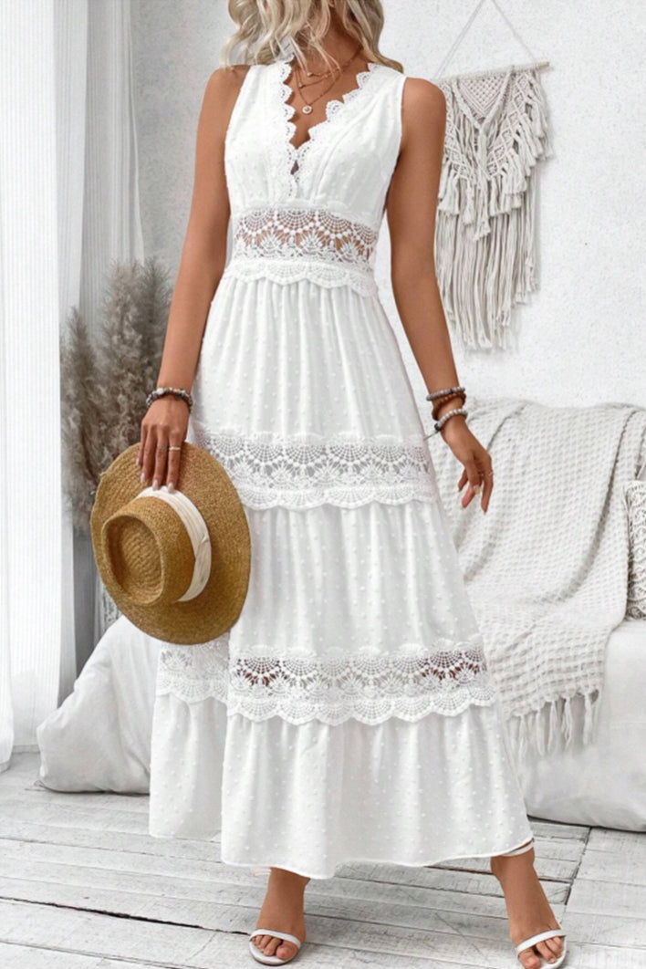 Lace Trim V-Neck Sleeveless Tiered Maxi Dress