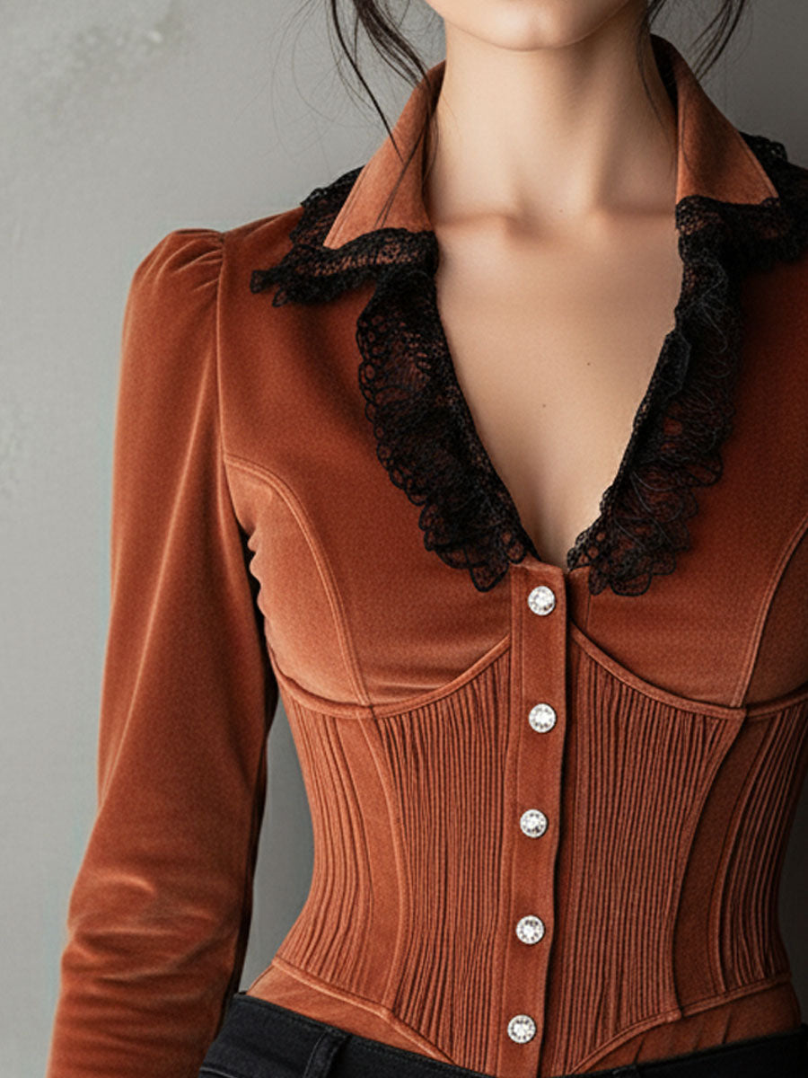 Elegant Terracotta Velvet Lace-Trim Corset Blouse